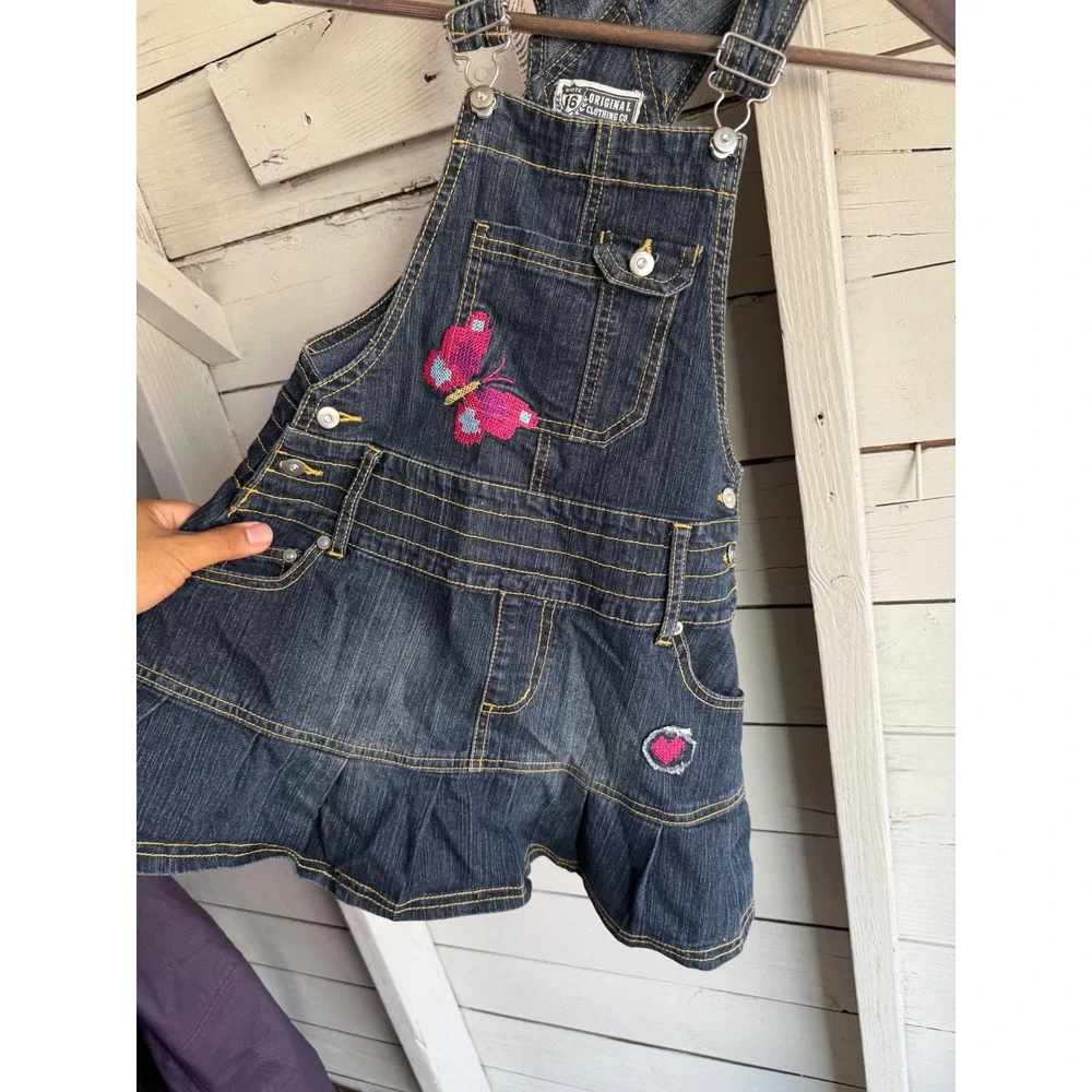 Route 66 Girls Denim Jumper Dress Dark Wash Butterfly Heart Embroidered Size 7/8